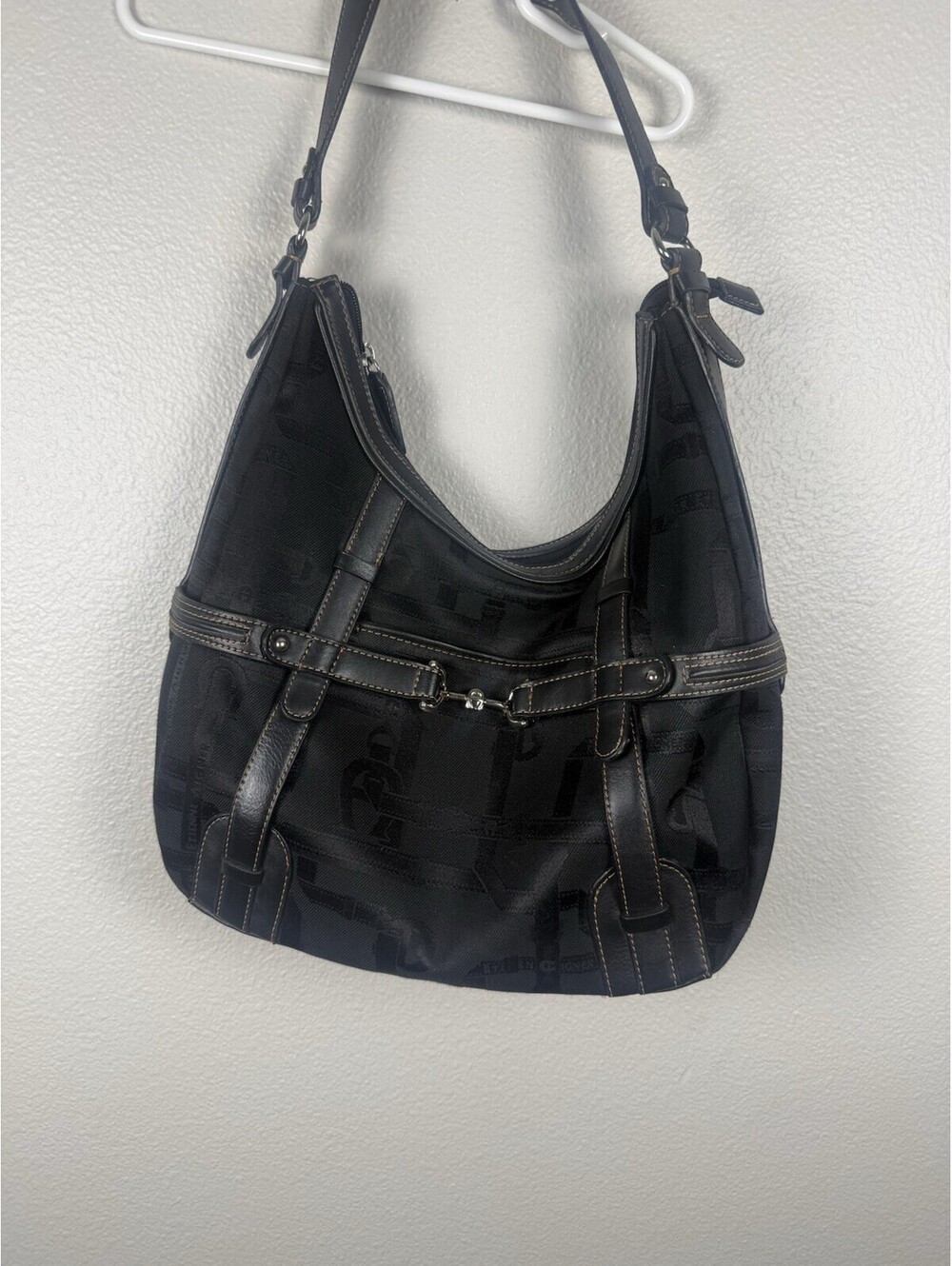 Vintage Etienne Aigner Logo Jacquard Hobo Shoulder Bag Black EUC